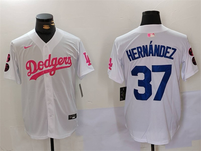 Men's Los Angeles Dodgers #37 Teoscar Hernández White/Pink Vin & Kobe Patch Stitched Baseball Jersey